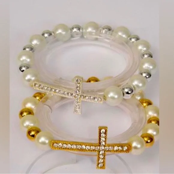 NWT-Faux Pearl & Rhinestone Sideways Cross Stretch Bracelets, Silver & Gold - Picture 2 of 7